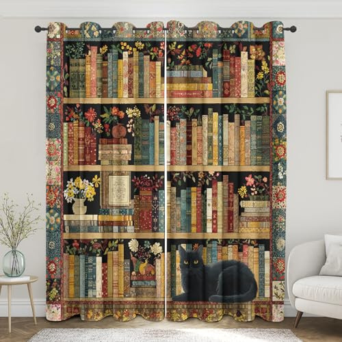 Retro Bookshelf Curtains for Bedroom - Patchwork Flower Books Blackout Curtain Thermal Insulated Grommet, Rural Bookshelf Window Drapes for Living Room, 52W x 63L, Set of 2 Panels