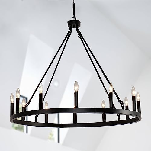 RuuXanthous Schwarzer, runder Wagenrad-Kronleuchter mit 12 Lichtern – Moderne Veranda-Außenleuchte für Wohnzimmer, Flur, Foyer – 38 Zoll