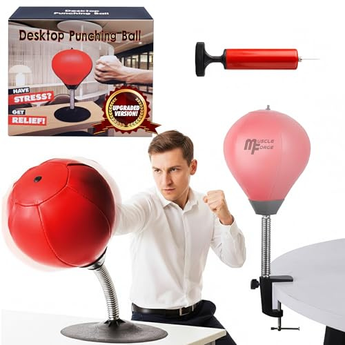 MuscleForge Mini Punching Ball de Bureau avec Pince de Table et Ventouse – Punching Ball Bureau Anti-Stress pour Maison & Bureau – Sac de Frappe de Table, Idée Cadeau Amusante, Pompe Incluse