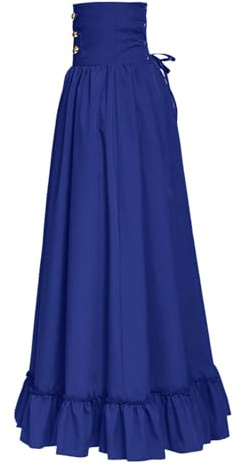 2024 Jupe longue rétro à taille haute gothique à lacets Ligne A Jupe midi pour femme, bleu, M
