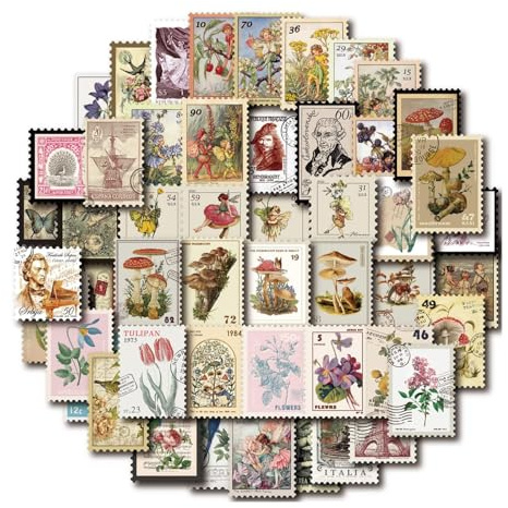 100 Stück Vintage Briefmarken-Sticker – Botanik, Feen & Retro-Motive für Scrapbooking, Junk Journals & Collagen – Klassisches Post-Design, Wasserfeste Papier-Sticker für DIY-Kunstprojekte