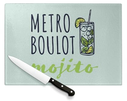 Tagliere in vetro temperato – Metropolitana Boulot Mojito Apero Rum Cocktail – Protezione piano di lavoro e sottopentola resistente al calore 2 misure stampate in Francia