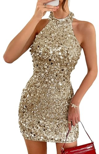 Canli4Y halterneck paljettklänning damer glitter festklänning korta eleganta klänningar rygglös metalliska miniklänningar för fest klubb jul