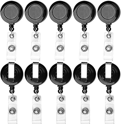 kuou 10 Pack Retractable Keyring, Retractable Lanyard Badge Reels Clips Holder Set Extendable Key Chain Heavy Duty Key Lanyard Belt Clip Badge Tether Retractable Keychain for Key Ring Id Card(Black)