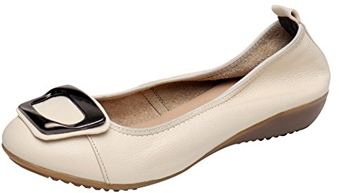 Jamron Women Genuine Leather Comfort Shoes Soft Sole Ballerinas Low Wedge Heel Slippers