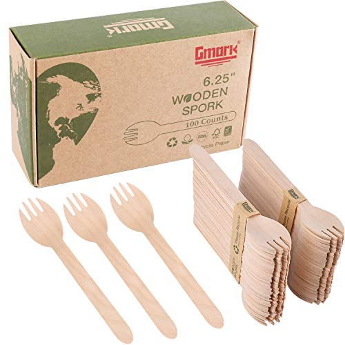 Gmark Eco-friendly Wooden Sporks 100 ct, Disposable Spoon Fork 2-in-1 Cutlery, 6.25 Birchwood Green Natural Product GM1033A