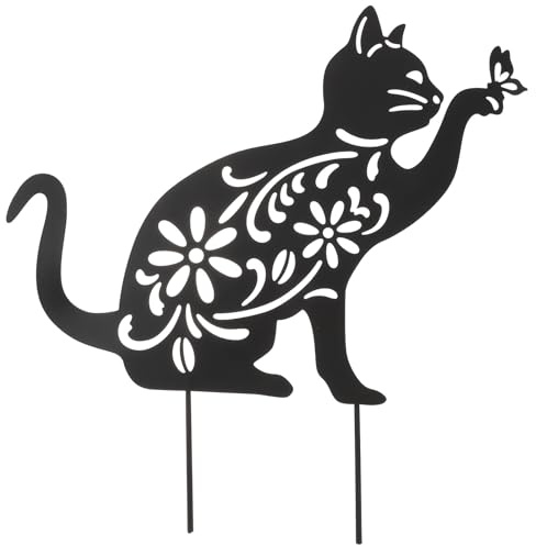 Sewroro Katzengarten- Pfahl Schwarz Katze Silhouette Katzen Dekorative Gartenstufe Metall Katzengarten Statue für Gartengarten Rasendekoration