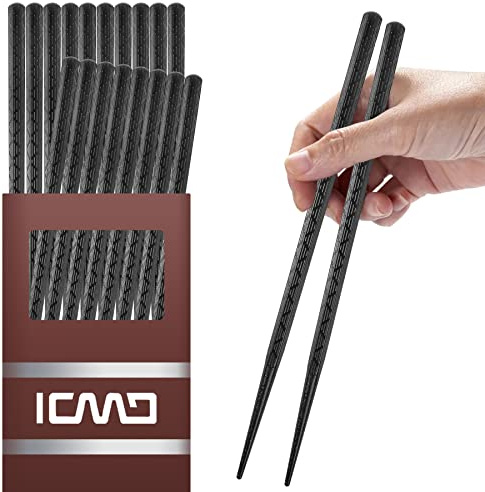 10 Pairs Fiberglass Chopsticks, PYBBO Reusable Premium Japanese Chinese Korean Chopsticks Dishwasher Safe, Non-Slip, Lightweight, 22cm/8.8 inches - Black