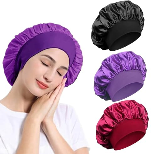 Satin-Haube, Schlafmütze mit breitem Gummiband, Seidenwickel, weiche Kopfbedeckung, Schlafmütze für Frauen und Mädchen, lockiges Haar, 3er-Pack, Rot, Schwarz, Violett, M/L