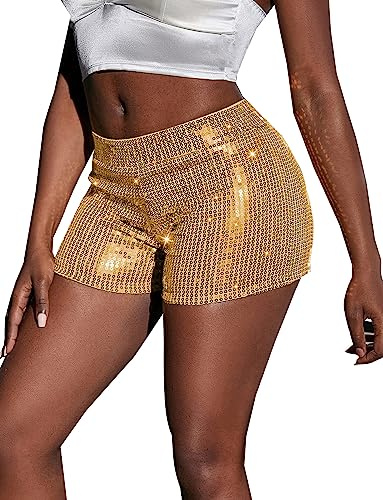 FEOYA Atemberaubende Dehnbare Shorts Tanzshorts Pailletten Hotpants Festival Junggesellinnenabschied Damen und Mädchen Tanz Rave - S