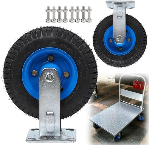 SAGIDAR Trolley Industrial Transport Wheel, Heavy Duty Rubber Caster Wheel Air Filled, 2pcs 8/10 Wheelbarrow Tires, Fixed/Rotating/Brake, Pneumatic Wheel for Tool Cart