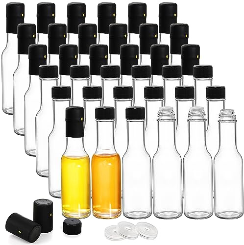 Cedilis 36 Pack Hot Sauce Bottles, 3oz/100ml Small Glass Bottle, Mini Glass Liquor Bottles with Shrink Capsule, Black Screw Caps, Clear Woozy Bottle for Sauces, Oils, Vinegar, Home Brewing, Party