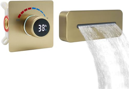 Delnet Wall Mounted Bath Tap, Concealed Waterfall Basin Tap with Digital Display Shower Valve, Brass Adjustable (Up/Down) Shower Spout, for Basin Bathub, Brushed Gold