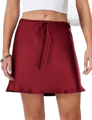 Maeau Dam satinkjol kort sommarkjol casual minikjol hög midja fritidskjol silke klockkjol satin kort kjol A linje dragsko halvkjol volangkjol S-XL, Vinröd, L