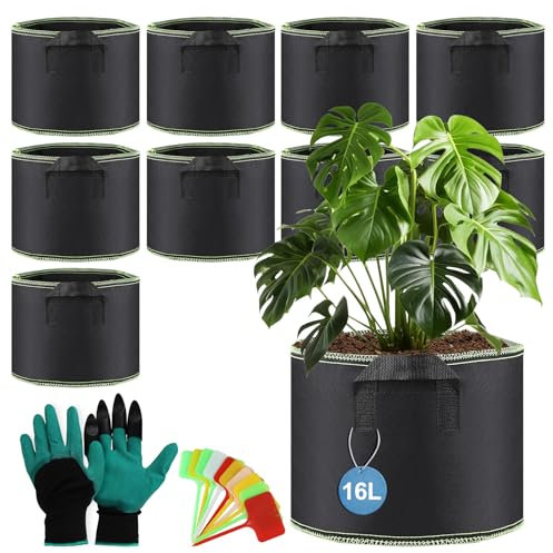 efuturetime 10 pcs. 16L Sac de Plantation Rond φ29 × 45 cm Pot en Tissu Respirant avec Poignée Panneaux Gant pour Légumes Fleurs Plantes Intérieur et Extérieur, Noir