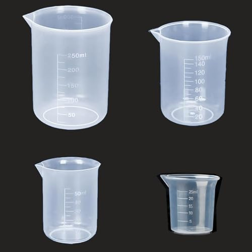 messbecher Klein, 4-Stück-Messbecher-Set mit Ausguss, 25ml/50ml/150ml/250ml, praktische Messbecher für Küche und Backen, aus PP, halbtransparent
