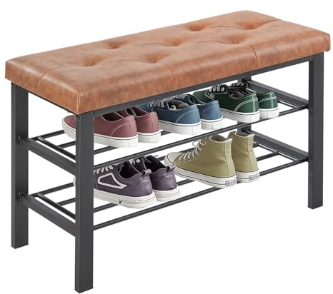 Sweetcrispy Zapatero de 3 Niveles, Zapatero con Banco, 32 x 81 x 50 cm, baúl de Piel sintética y Estructura metálica, Almacenamiento de Zapatos para salón, Entrada o Pasillo, Color marrón