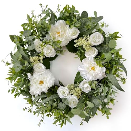 Betylifoy Spring Door Wreath for Front Door Artificial Wreath Pansy Flower Artificial Green Wreath Large Colorful Spring Summer Wreath for Door Window Wall Decor (WhiteRose)