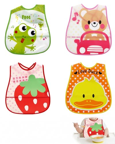 YIPFEN Baberos Bebé Impermeables 4 Unidades, con Bolsillo y Cierre de Velcro Ajustable, Poliéster Lavable Reutilizable. Patrones de Animales Divertidos para Niños y Niñas (Pato, Oso, Rana, Fresa).