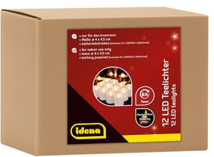 Idena 30469 - Bougies chauffe-plat LED, 12 pièces, bougies électriques avec lumière vacillante, piles incluses, fonction minuterie 6 heures, décoration pour mariage, fête, comme lumière d'ambiance