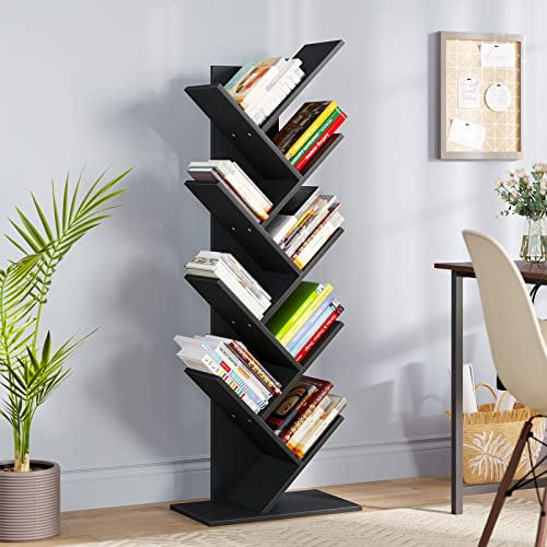 YITAHOME Bücherregal mit 9 Ebenen, CD DVD Regal Holz Industrielle Bodenstehend Baum-Bücherregal, Kleines Holzregale Standregal Eckregal Organizer für Bücher Wohnzimmer Zeitschriften Büro