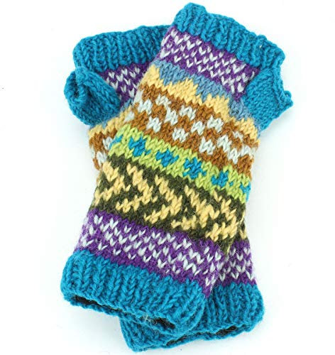 Woll-Armwärmer Handschuhe handgestrickt in Nepal Gr. Einheitsgröße, blau