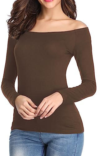 Fuinloth Women's Off Shoulder Tops, One Shoulder Shirts, Long Sleeves Sexy Slim Fit Tees, Chocolate, L