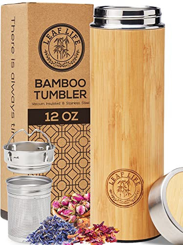 LeafLife Premium Bamboo Tea Bottle for Loose Tea - Tea Infuser Bottle - Tea Gifts - Insulated Water Bottle/Coffee Tumbler/Tea - Tea Gift Set, Tea Accessories - Tea Tumbler 12oz