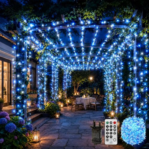 CORST 100m 600LED Luces hadas largas para exteriores Enchufe en las luces hadas del jardín Luces árboles exteriores a prueba agua con temporizador(azul + blanco)