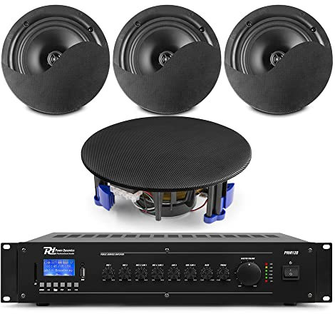 Power Dynamics NCSP5B Ceiling Speaker System - Commercial Background Music System with Bluetooth, Mixer Amplifier, 4x 5.25-Inch Black Ceiling Speakers for Restaurant, Bar, Shop & Cafe Use