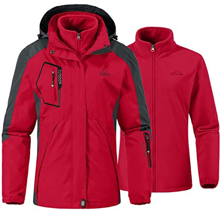 YSENTO Damen 3 in 1 Outdoor Winter Softshell Funktionsjacke mit Fleecejacke wasserdichte Regenjacke Winter Warme Winddichte Übergangsjacke(Rot,XL)