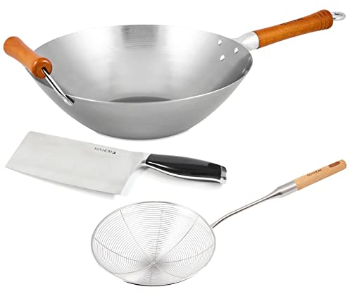 Ken Hom großer Wok 32 cm Induktion unbeschichteter Karbonstahl mit Buchenholz-Griff - 3-tlg. Wokpfannen Set mit Schaumlöffel & Hackmesser