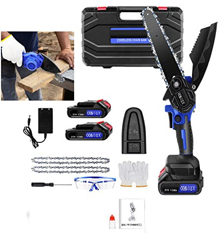 Motosierra sin cable 6 pulgadas Mini Motosierra de batería Recargable de 21V para árboles Ramas Poda Corte de madera, 2200RPM 0-80 mm Diámetro de corte, 2 baterías, Accesorios, Caja de plástico
