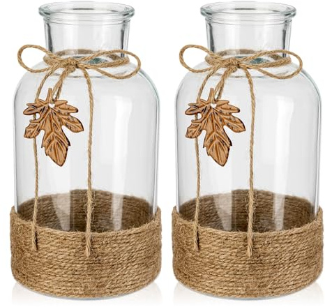 Briful 20cm Tall Glass Flower Vases Wrapped with Jute Rope, 2 PCS Transparent Large Glass Vase with Realistic Maple Leaf Crystal Vase for Flowers Bud Vase for Table Decoration
