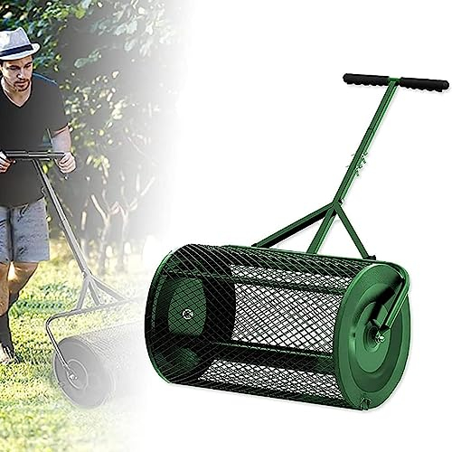 Spandiconcime, Rullo per Prato Durevole, Spargiletame Leggero con Impugnatura a Forma di T Aggiornata, Spargitore di Terreno Superiore per Letame,Green-15.7 * 24in