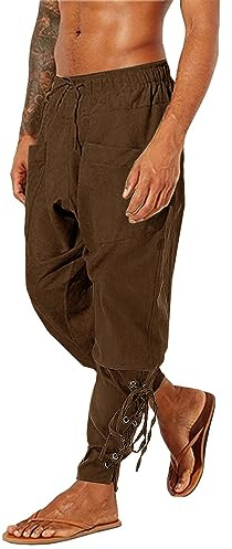 LVCBL Mens Medieval Trousers Linen Viking Pirate Costume Pants Slim Fit M-3XL