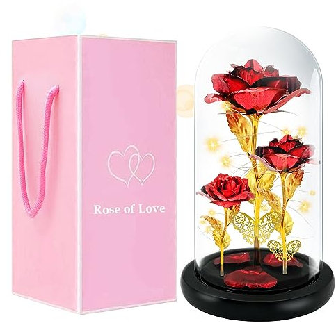 YeahBoom Rose im Glas, künstliche Blumen für Muttertagsgeschenk, Nachtleuchtende Glaskuppel mit Lichtern, Schöne & Biest Rose für Freundin und Frau