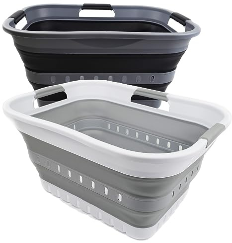 SAMMART 2er-Set - 30L zusammenklappbarer Kunststoff-Wäschekorb - Faltbarer Pop-Up-Aufbewahrungsbehälter/Organizer - Platzsparender Wäschekorb/Korb (2, Grau+Schwarz)