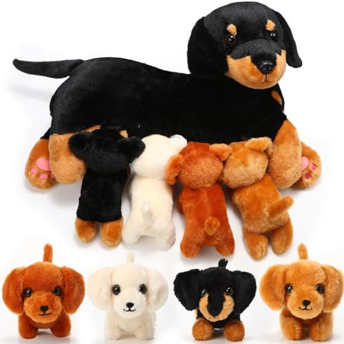 Honoson Pflegender Hund Stofftier mit Welpen Set Stillende Mama Hunde Plüschtier mit 4 Baby Welpen Weiche Süße Kuscheltiere für Mädchen Jungen Kinder Geburtstag Geschenke Party Mitgebsel(Dackel Hund)