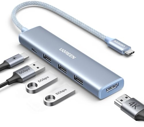 UGREEN Hub USB C HDMI 4K 100W PD Charge 3 Data Ports 5 en 1 Adaptateur Multiport Compatible avec iPhone 16 15 Série MacBook Pro Mac Mini M4 2024 iPad Air Surface Galaxy S24 Tab S9 Ultra (Bleu)