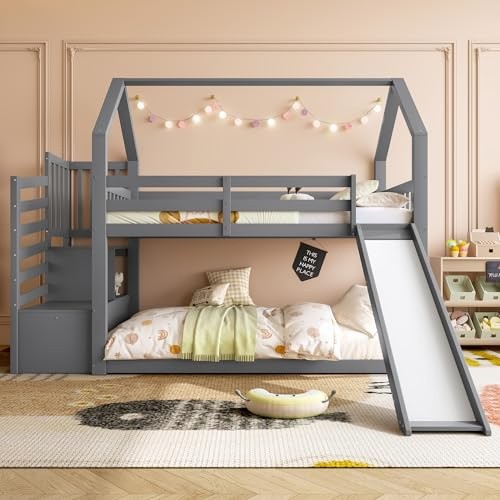 Idemon Litera con escalera de almacenamiento y tobogán, cama de casa, cuna con barandilla, adecuada para niños, adolescentes, 90 x 200 cm (gris)