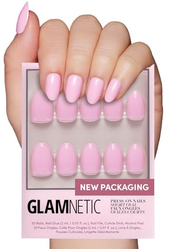 Glamnetic Press On Nails - Think Pink | Solid Opaque Light Pastel Pink Short Oval Nails, Reusable | 15 Sizes - 30 Nail Kit