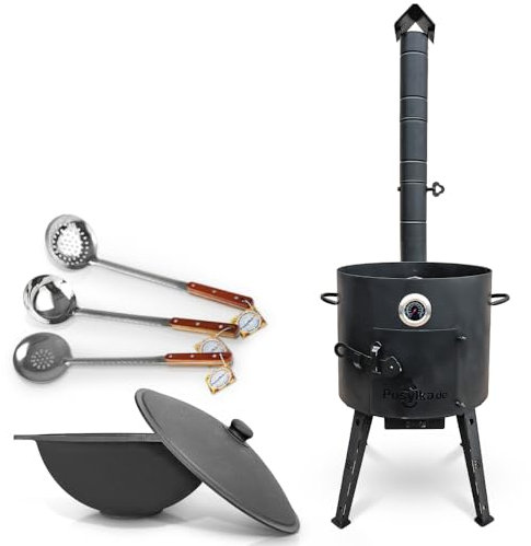 Utschak Uchag Feuerofen Ø 40 cm 2 mm Stahl mit Usbekische Kazan 12 L flacher Boden Schaumlöffel und Schöpfkelle für Plov 48 cm Казан Учаг Kasan Asia (Set 4)