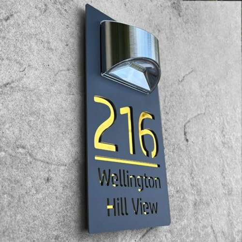 Letrero de puerta personalizado personalizado con luz LED solar moderna para residencia, placa de dirección 3D cortada con láser, placa de dirección para exteriores (negro y dorado)