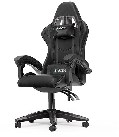 bigzzia Silla Gaming，Silla Ergonómica para Videojuegos, Oficina y Estudio, Silla Gaming con Cojín Lumbar y Reposacabezas, Regulable en Altura (Sin Reposapiés, Negro)