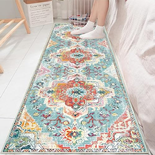 Boho Teppich Läufer Schlafzimmer Waschbarer Läufer Flur Vintage Kurzflor Carpet Orientalisch Bettvorleger Teppich rutschfest Indoor Küchenläufer Teppich Für Esszimmer Balkon Flur 50x180cm