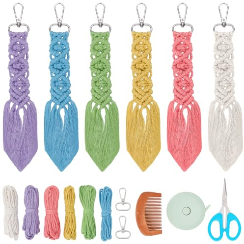 FREEBLOSS Kit de 6 Porte-Clés en Macramé de Franges Porte-clés en Corde de Coton Kit de DIY Bohème en Macramé Pour Clés, Sac à Main, Téléphone, Portefeuille