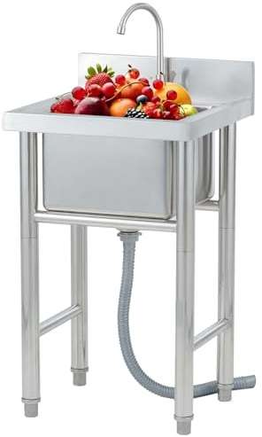 Edelstahl Spültisch Spülbecken mit Wasserhahn, Freistehende Gastro Spüle mit Abflussrohr, Freistehend Outdoor-Waschbecken Verstellbare Füße für Außen, Innen, Küche, Restaurant