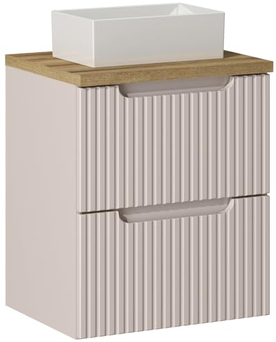 Lomadox Badezimmer Waschtisch 50cm mit Aufsatz-Waschbecken, Kaschmir und Eiche, gerillte Front