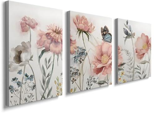 prinfantasy Wooden Framed Blush Grey Pink Canvas Wall Art Canvas Prints Pink Floral Painting Picture for Living Room Bedroom Hallway Home Wall Decor 30x40cm H0161